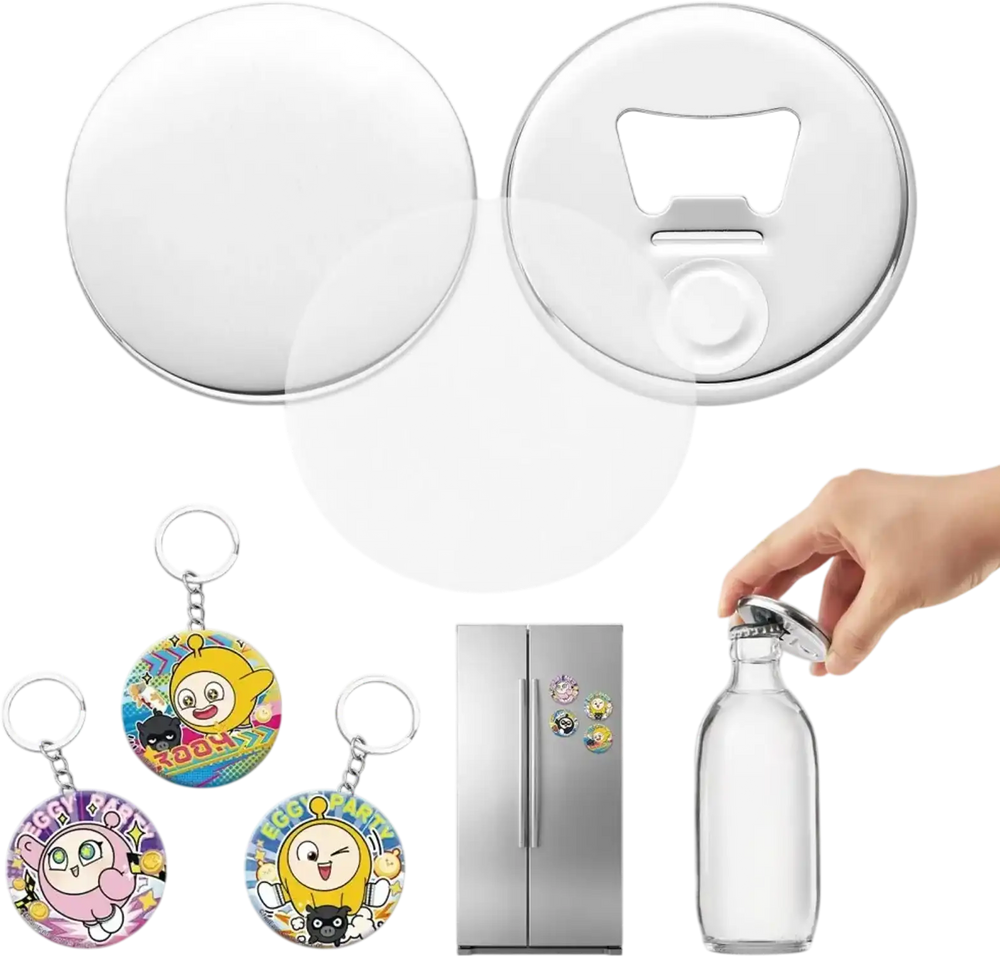 VEVOR Button Maker Supplies 50 Sets 2.28 in / 58 mm Refrigerator Magnets, Bottle Openers, and Keychains Button Parts with Backs, Shells, Clear Mylar Films, and Blank Circle Papers, for Home DIY