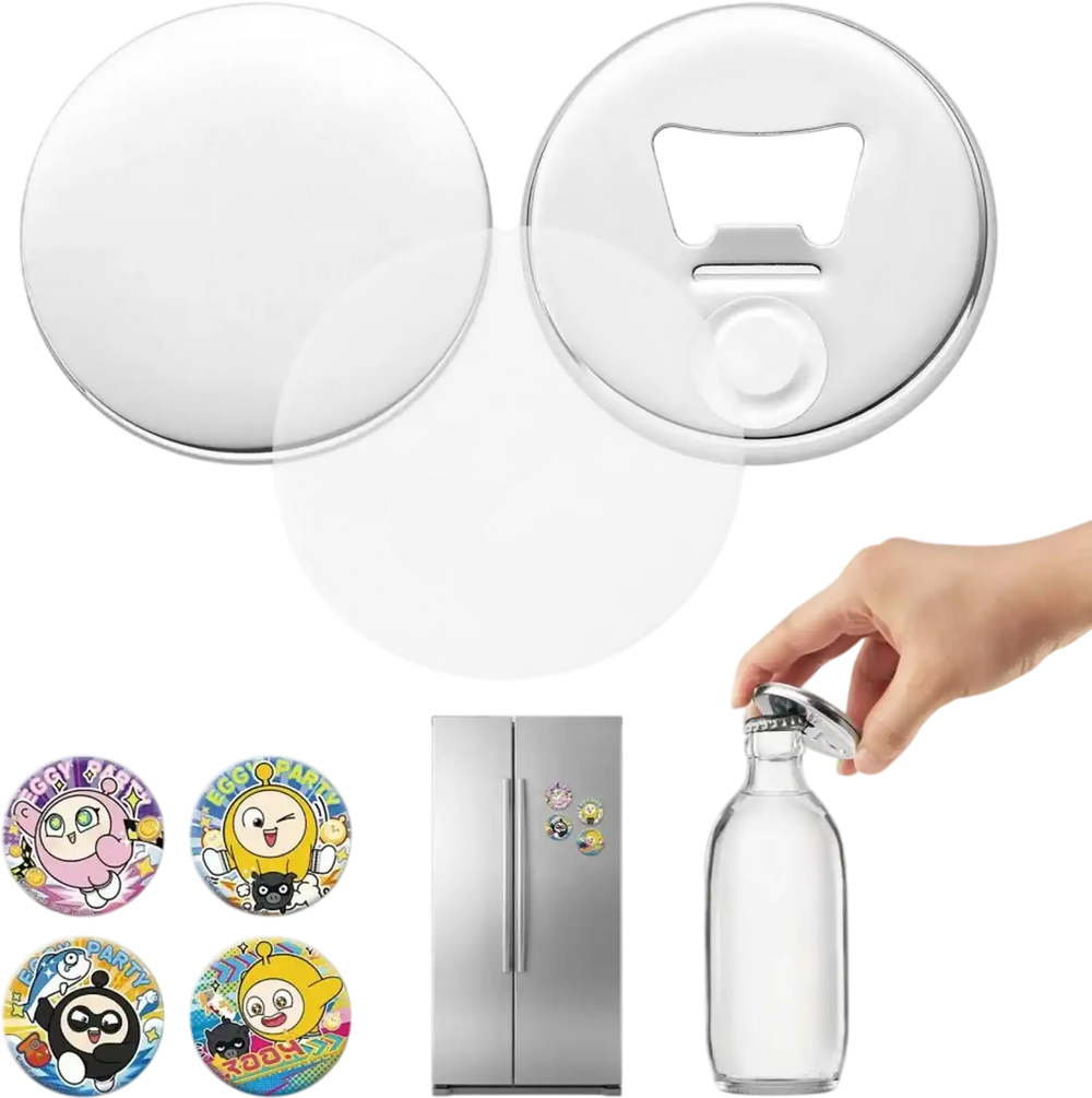 VEVOR Button Maker Supplies 50 Sets 2.28 in / 58 mm Magnet Button Parts, with Magnetic and Bottle Opener Backs, Metal Shells, Clear Mylar Films, and Blank Circle Papers, for Home DIY, Kitchen Decor