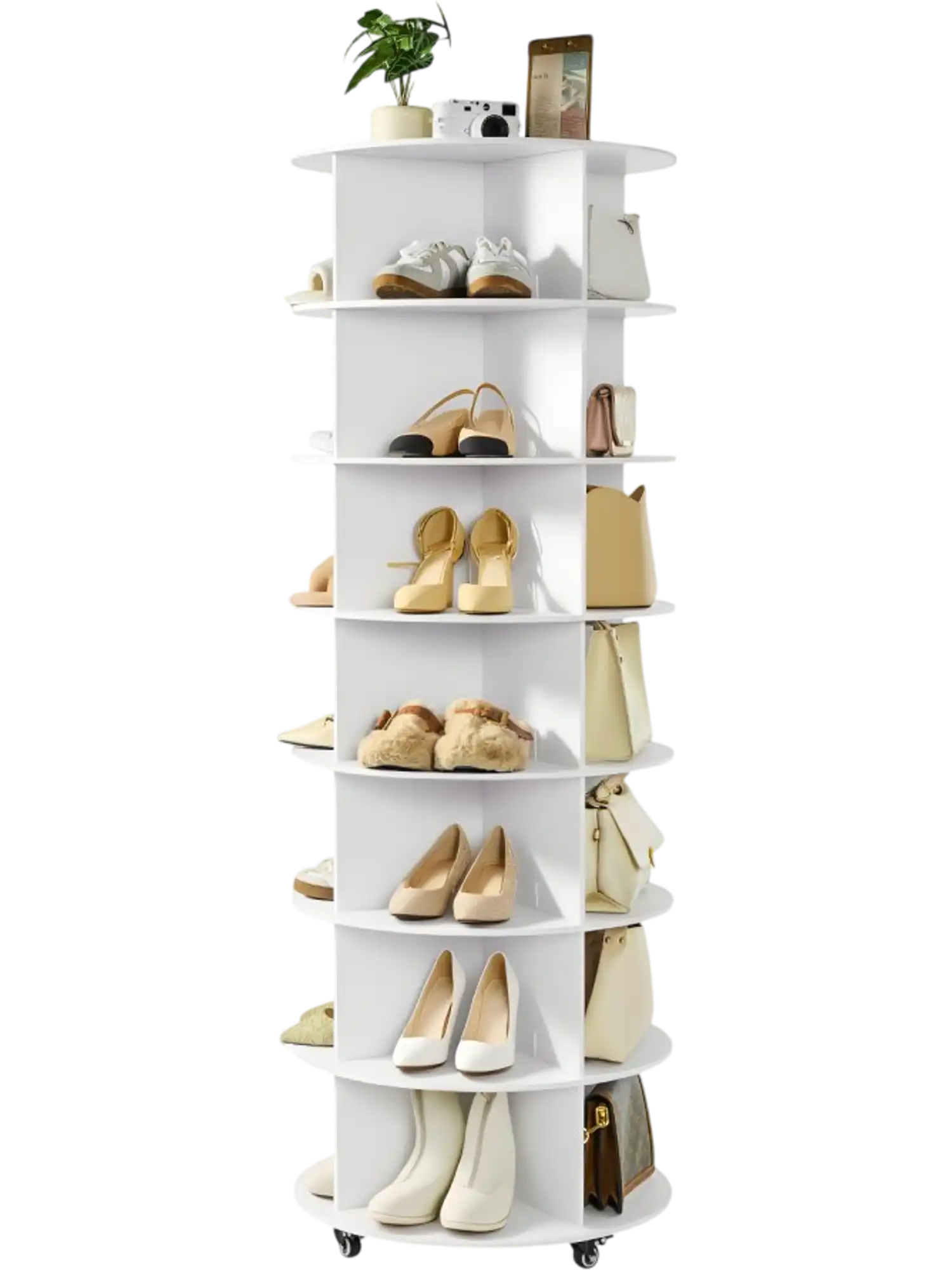 Vevor Rotating Shoe Rack Tower 7-Tier 360° Spinning Organizer with Wheels White New