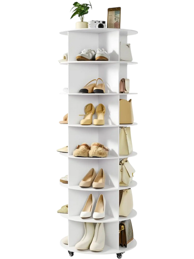 VEVOR 7 Tiers Rotating Shoe Rack Tower with Wheels, Movable 360° Spinning Carousel Display, Lazy Susan Organizer Closet Shelf for Living Room, Entryway, White