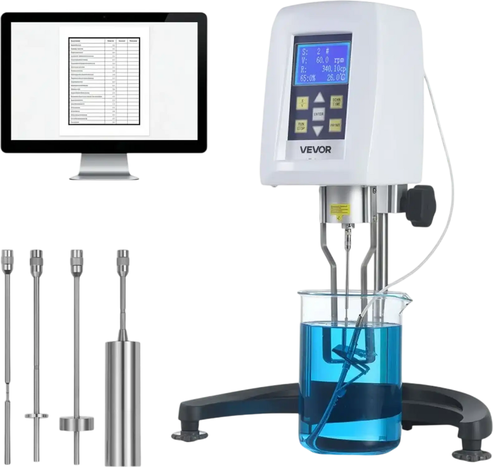 VEVOR Digital Rotary Viscometer, 10-100,000 mPa.s(cP), ±2% Accuracy, 100-240V Digital Rotational Viscosity Meter with 4 Rotors and Temperature Probe, LCD Display, Lab Viscometer for Fluid Testing