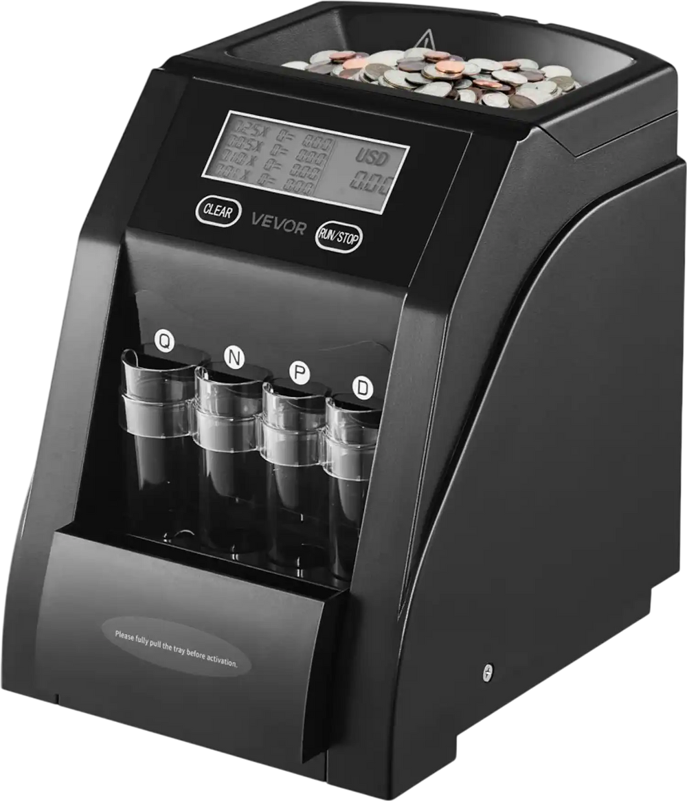 VEVOR USD Coin Sorter, Coin Counter Machine for 4 Kinds of USD Coins, Coin Sorter and Wrapper Machine Holds up to 200 Coins, LCD Screen Display Coin Storage Included 4 Coin Tubes and Boxes