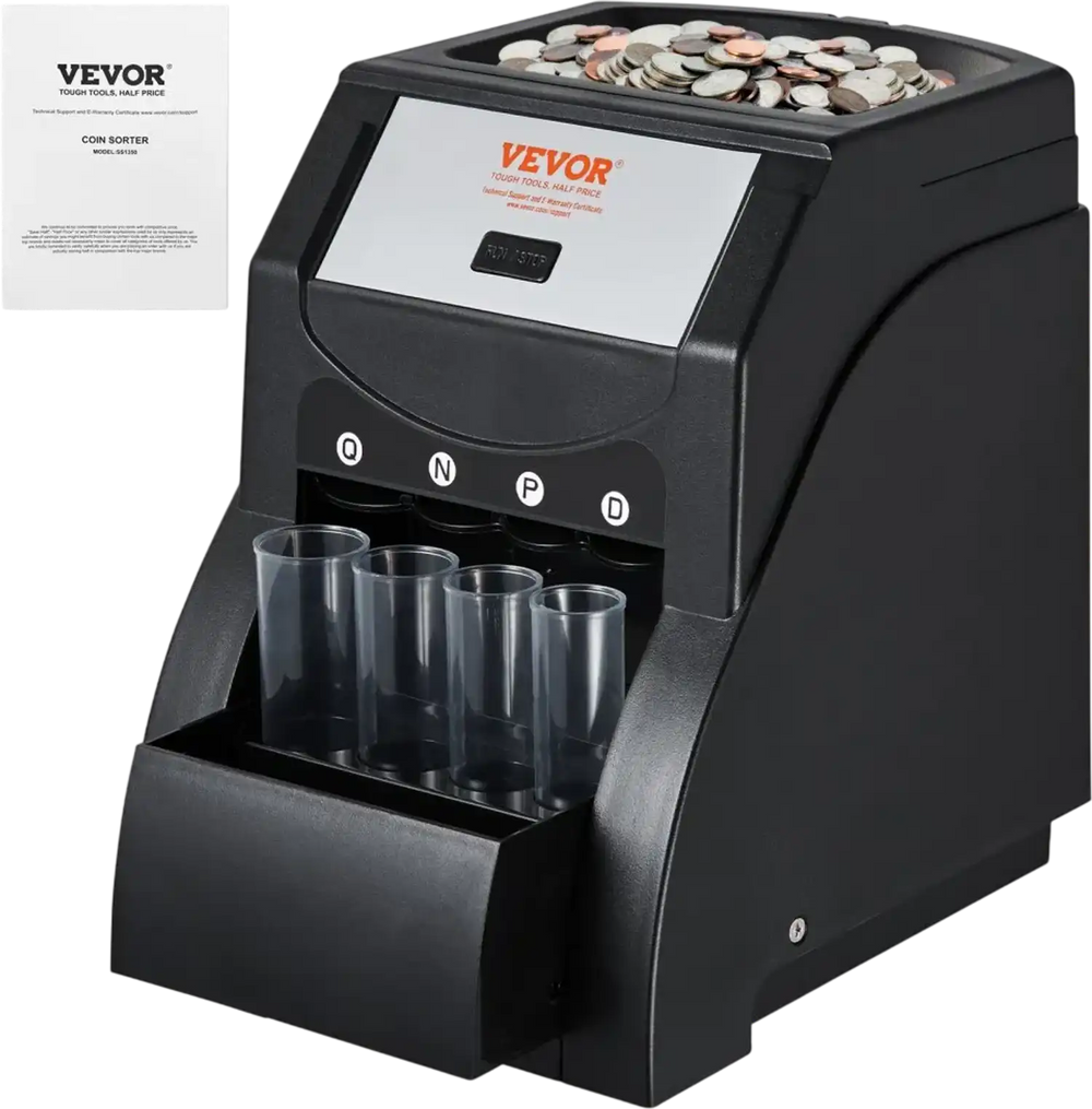 VEVOR USD Coin Sorter, Coin Sorter Machine for USD Coin 1￠ 5￠ 10￠ 25￠, Sorts up to 230 Coins/min, Coin Sorter and Wrapper Machine Holds 200 Coins Included 4 Coin Tubes, Black