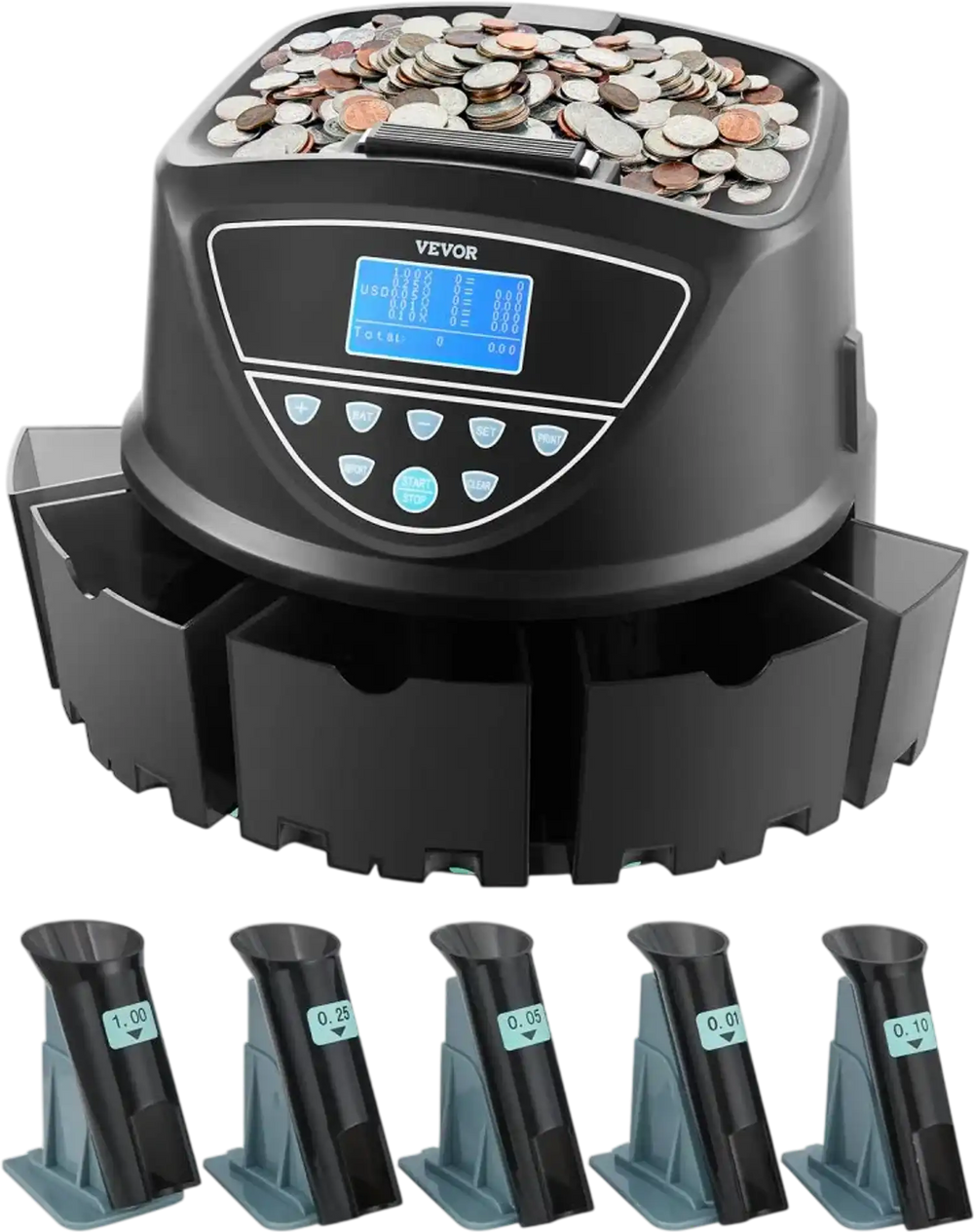 VEVOR USD Coin Sorter, Coin Counter Machine for 5 Kinds of USD Coins, Coin Sorter and Wrapper Machine Holds up to 2000 Coins, Screen Display Coin Storage Included 5 Coin Tubes and Boxes
