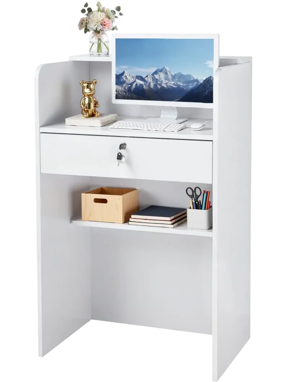 VEVOR Reception Desk, 23.6 inch Rectangular Front Counter Table, Modern Office Reception Desk with Drawer, Small Minimalist Retail Counter Table for Checkout, Lobby, Beauty Salon and Office, White