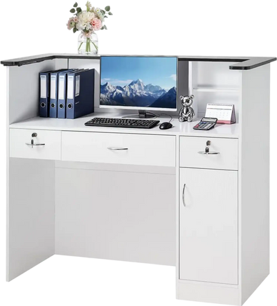 VEVOR Reception Desk, 50 inch Rectangular Front Counter Table, Modern Office Reception Desk with Light Strip, 3 Drawers & Storage Cabinets, Retail Counter Table for Checkout, Lobby, Salon, Office