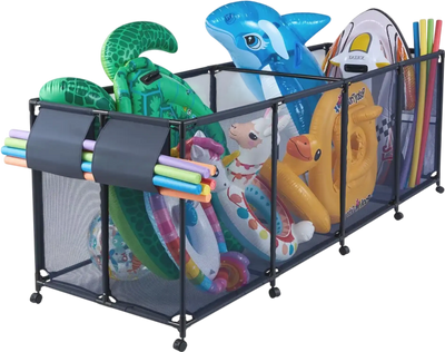 VEVOR Pool Storage Bin, 103 x 32 x 35 in, Rolling Pool Float Storage Organizer with Side Pockets & Noodles Holder, Durable Metal Frame, Poolside Toys Breathable Mesh Basket for Swimming Pools