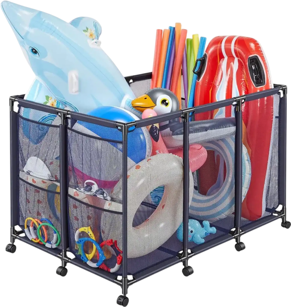 VEVOR Pool Storage Bin, 48.8 x 32.7 x 32.7 in, Rolling Pool Float Storage Organizer with Side Pockets & Casters, Heavy Duty Metal Frame, Poolside Toys Noodles Holder Mesh Basket for Swimming Pools