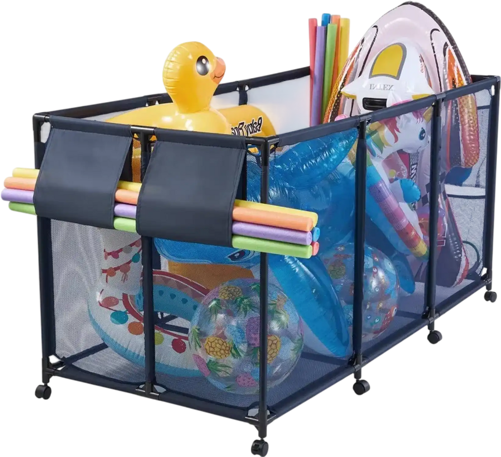 VEVOR Pool Storage Bin, 69 x 32 x 35 in, Rolling Pool Float Storage Organizer with Side Pockets & Noodles Holder, Durable Metal Frame, Poolside Toys Breathable Mesh Basket for Swimming Pools