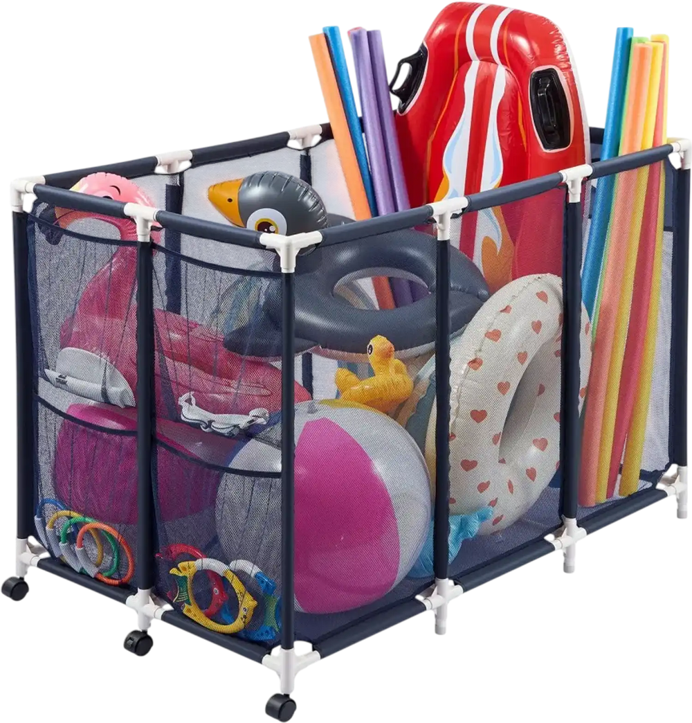VEVOR Pool Storage Bin, 47.2 x 30.2 x 34 in, Rolling Pool Float Storage Organizer with Side Pockets & Casters, Heavy Duty Plastic Frame, Poolside Toys Noodles Holder Mesh Basket for Swimming Pools