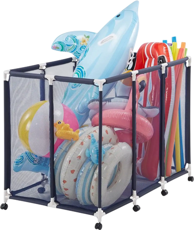 VEVOR Pool Storage Bin, 48 x 33 x 39 in, Rolling Pool Float Storage Organizer with Casters, Durable Plastic Frame, Poolside Toys Noodles Holder, Breathable Mesh Basket for Swimming Pools