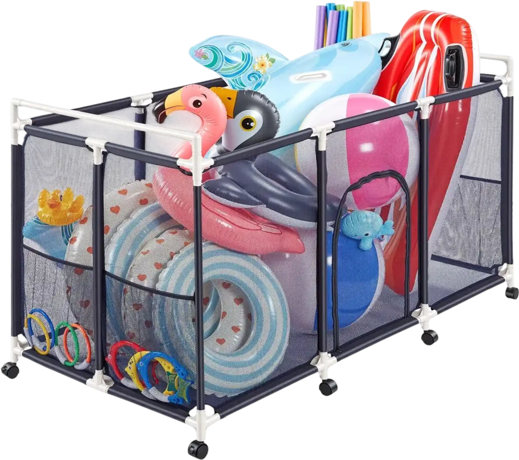 Vevor Pool Storage Bin Rolling Pool Float Organizer with Side Pockets & Casters 62.6 x 32 x 36