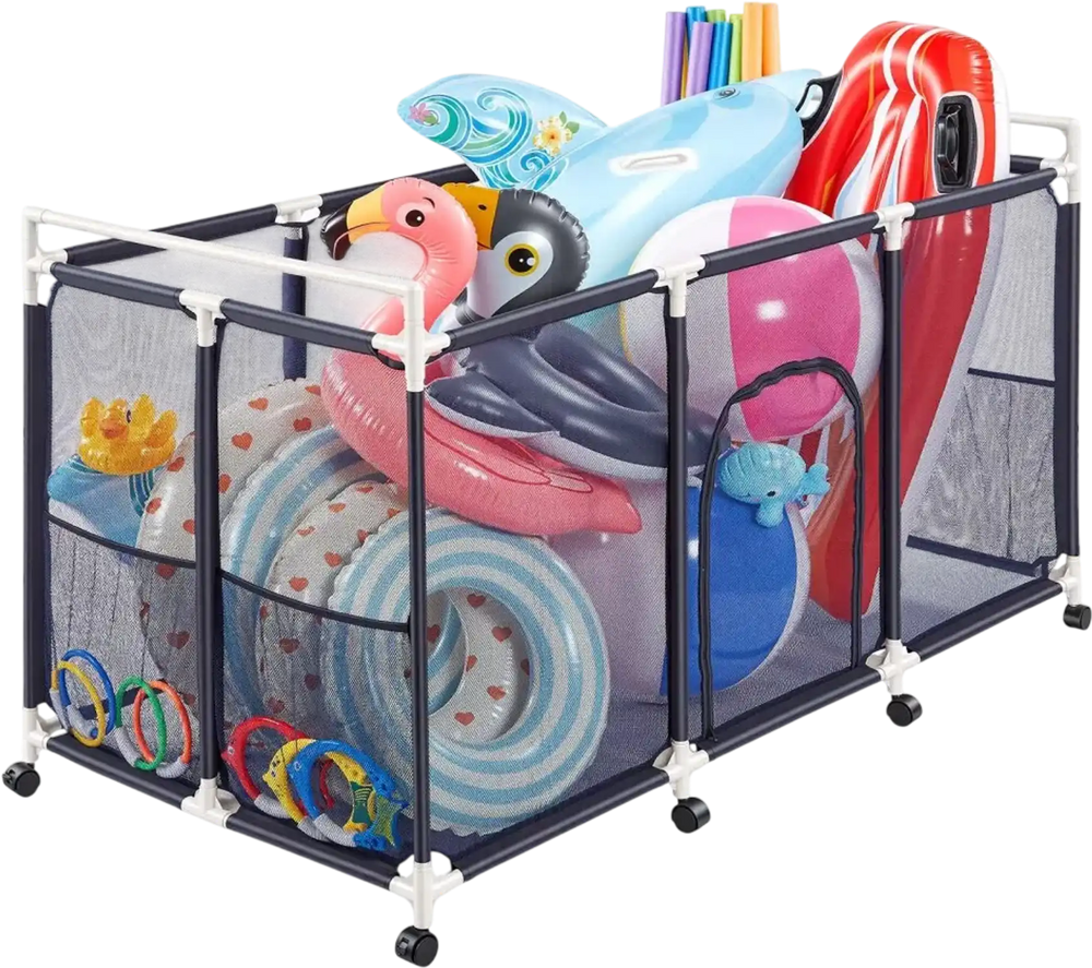 VEVOR Pool Storage Bin, 62.6 x 32 x 36 in, Rolling Pool Float Storage Organizer with Side Pockets & Casters, Durable Plastic Frame, Poolside Toys Noodles Holder Mesh Basket for Swimming Pools