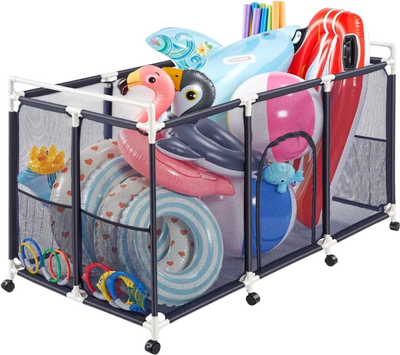 Vevor Pool Storage Bin Rolling Pool Float Organizer with Side Pockets & Casters 62.6 x 32 x 36