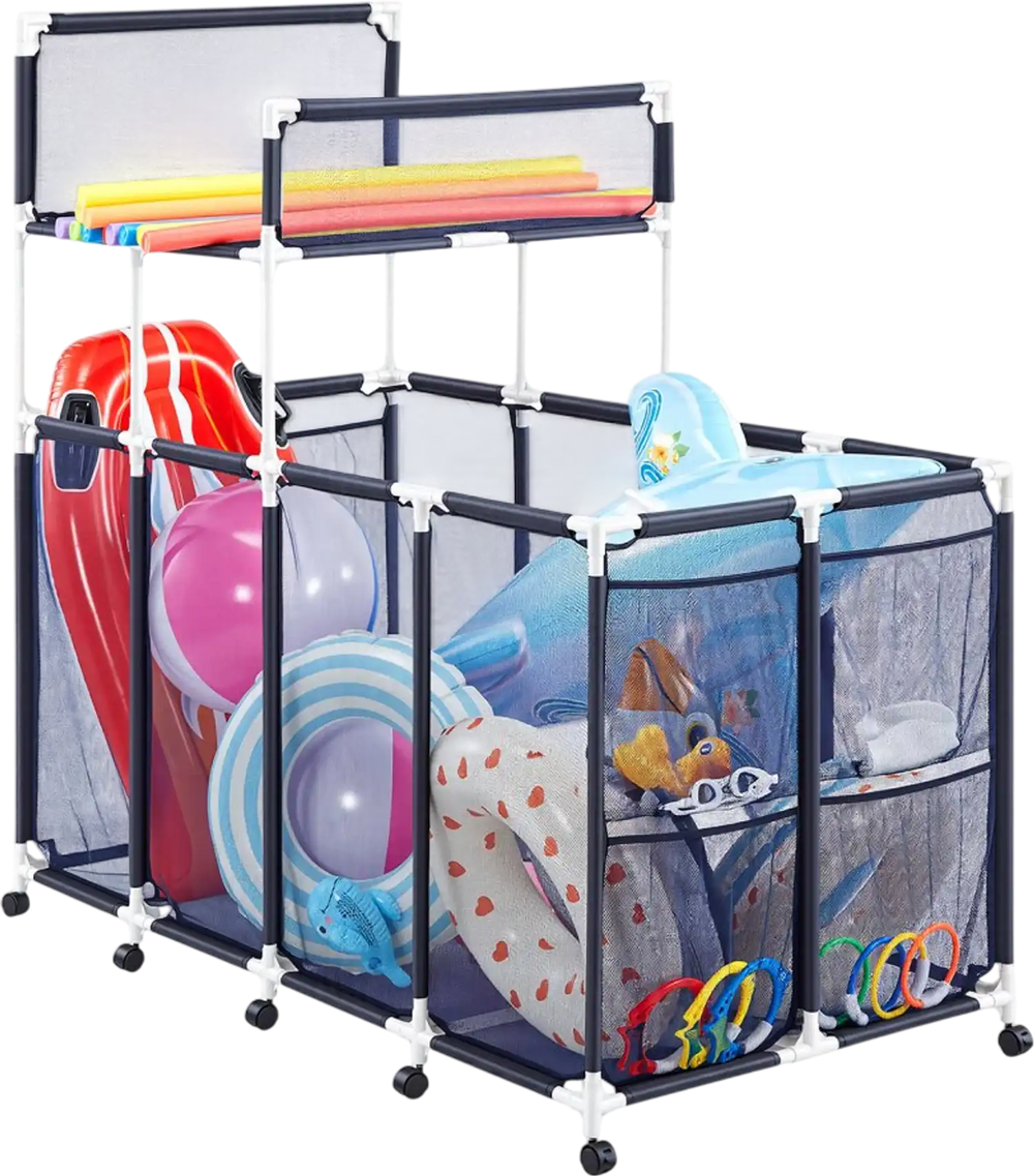 VEVOR Pool Storage Bin, 64.96 x 33.46 x 64.96 in, Rolling Pool Float Storage Organizer with Side Pockets & Noodles Holder Rack, Durable Plastic Frame, Poolside Toys Mesh Basket for Swimming Pools