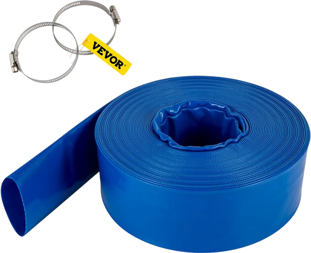 VEVOR Discharge Hose, 3\" x 105\', PVC Lay Flat Hose, Heavy Duty Backwash Drain Hose with Clamps, Weather-proof & Burst-proof, Ideal for Swimming Pool & Water Transfer, Blue