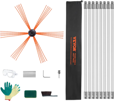 VEVOR 26 Feet Chimney Sweep Kit, w/ 8Reinforced Nylon Flexible Rods, Ergonomic Chimney Cleaning Brush, 360-Degree Brush Chimney Cleaner, Rich Accessories for Fireplace Flue Home Use Fits most Pipes