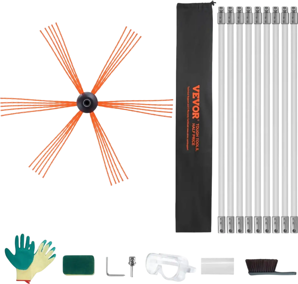 VEVOR 30 Feet Chimney Sweep Kit, w/ 9 Reinforced Nylon Flexible Rods, Ergonomic Chimney Cleaning Brush, 360-Degree Brush Chimney Cleaner, Rich Accessories for Fireplace Flue Home Use Fits most Pipes