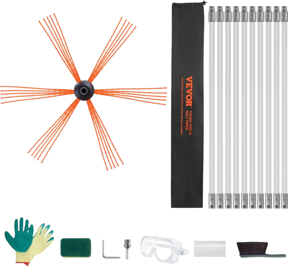 VEVOR 33 Feet Chimney Sweep Kit, w/ 10 Reinforced Nylon Flexible Rods, Ergonomic Chimney Cleaning Brush, 360-Degree Brush Chimney Cleaner, Rich Accessories for Fireplace Flue Home Use Fits most Pipes