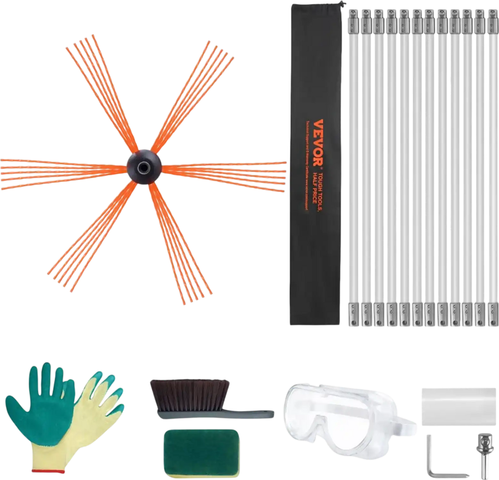 VEVOR 39 Feet Chimney Sweep Kit, w/ 12 Reinforced Nylon Flexible Rods, Ergonomic Chimney Cleaning Brush, 360-Degree Brush Chimney Cleaner, Rich Accessories for Fireplace Flue Home Use Fits most Pipes
