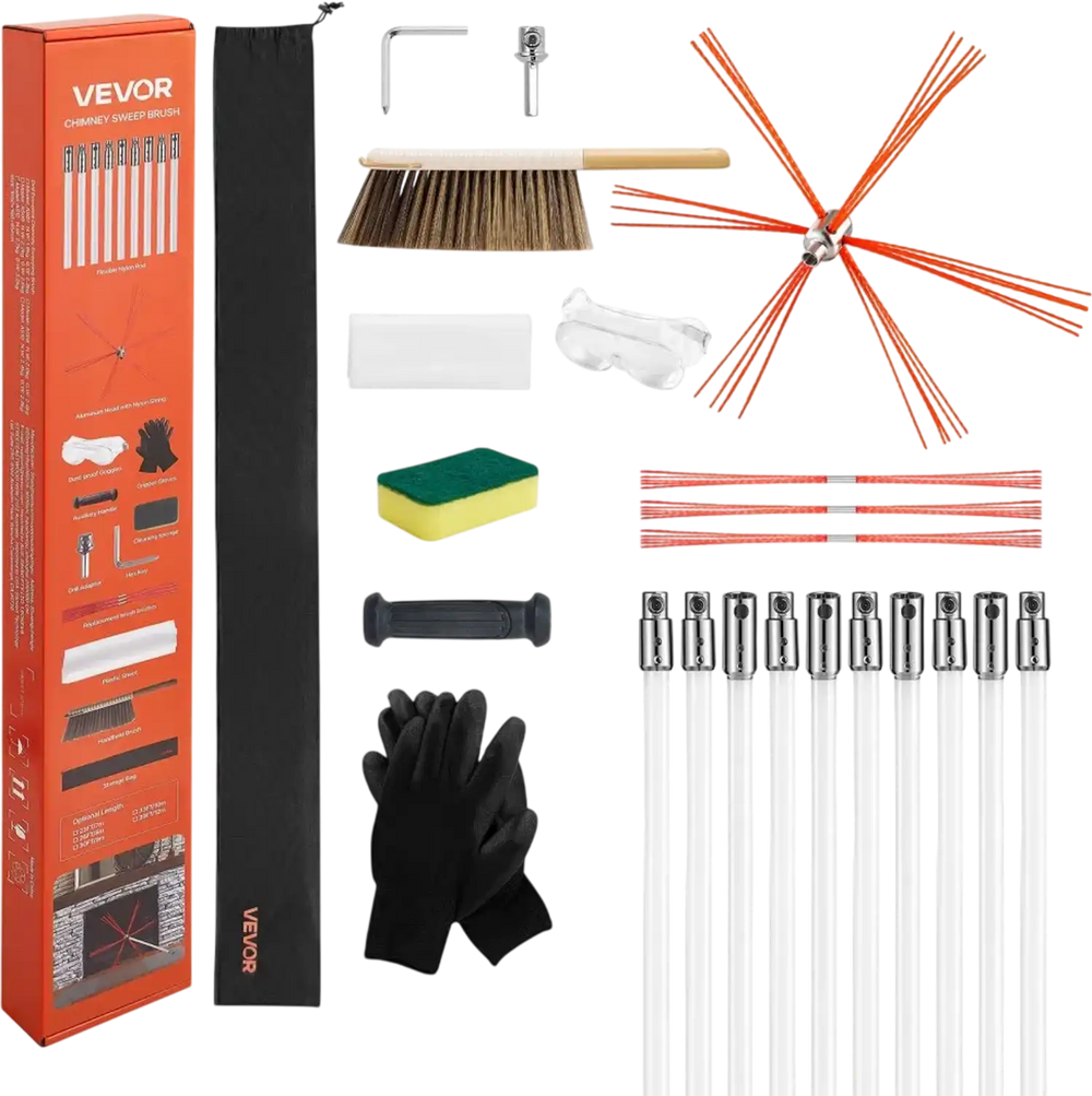 VEVOR Chimney Sweep Kit, 33 ft Maximum Extendable Length Chimney Brush, Chimneys Cleaning Kit with Bristle Replacements & Goggles, 90° Bendable Fireplace Cleaning Tool, for Square, Rectangle Chimneys