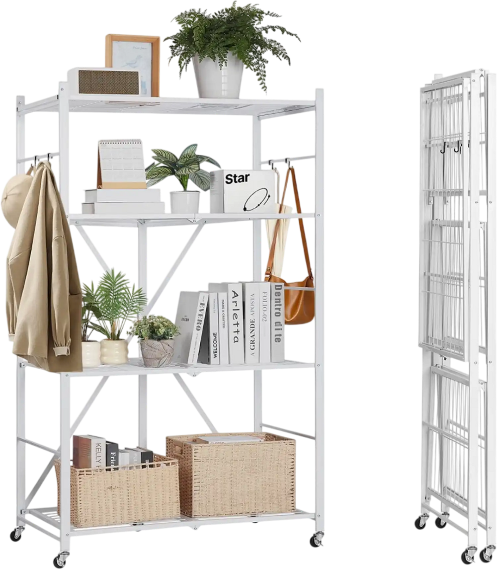 VEVOR 4-Tier Foldable Storage Shelf, 36W x 21D x 60 H Inch Folding Metal Rack Shelving Unit, No Assembly Organizer Shelf with 5 Wheels & 4 Hooks for Pantry, Kitchen, Garage, Basement, White