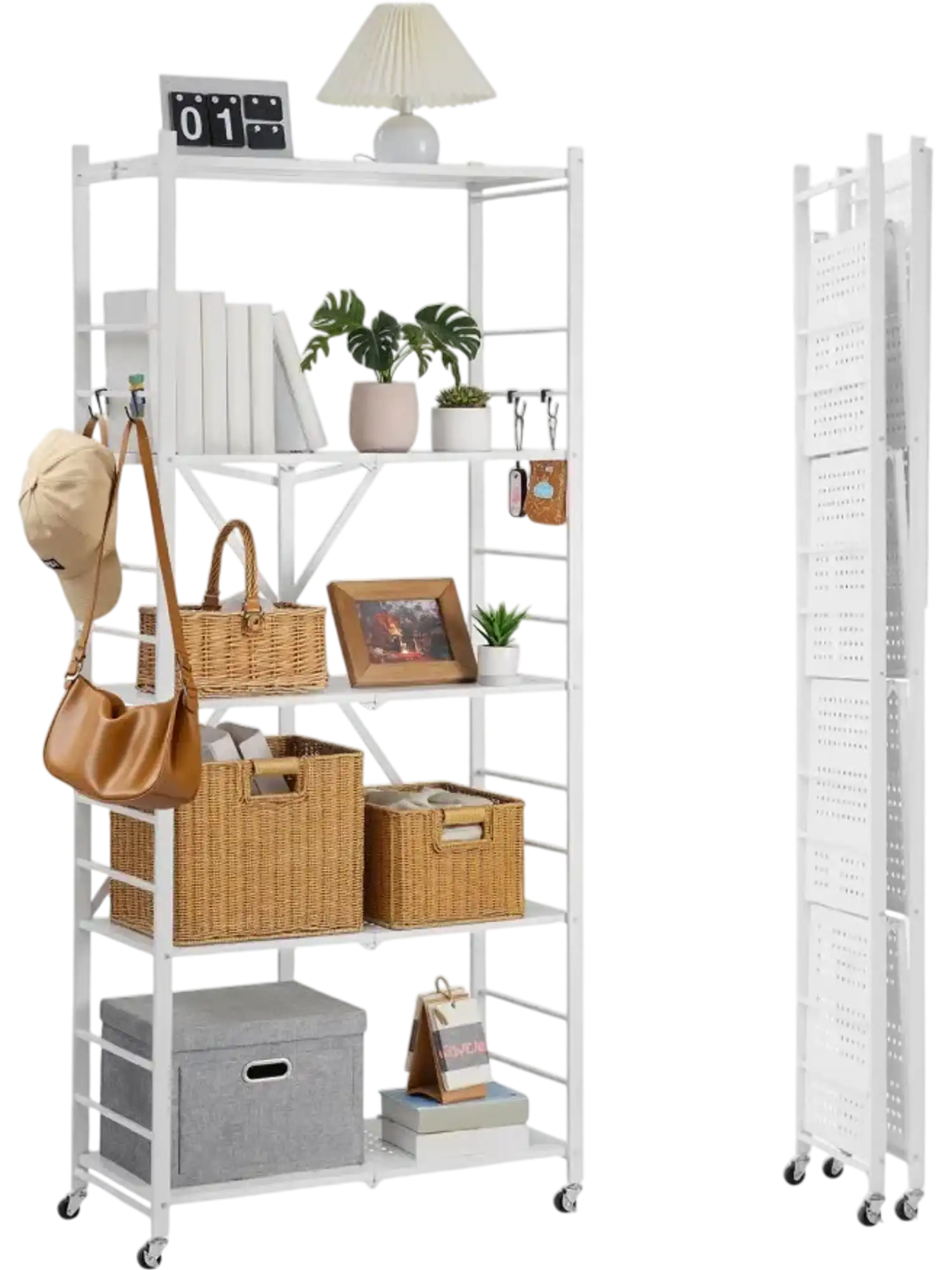 Vevor Folding Storage Shelf 5-Tier Mobile Metal Organizer White New