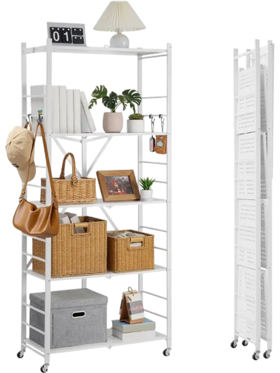 Vevor Folding Storage Shelf 5-Tier Mobile Metal Organizer White New