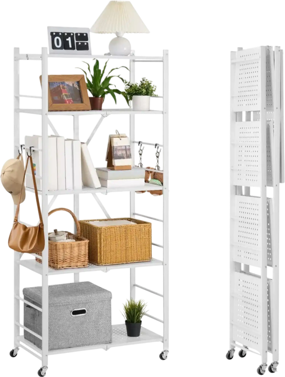 VEVOR 5-Tier Foldable Storage Shelf, 28 W x 15D x 64H Inch Folding Metal Rack Shelving Unit, No Assembly Organizer Shelf with 5 Wheels & 4 Hooks for Pantry, Kitchen, Garage, Basement, White