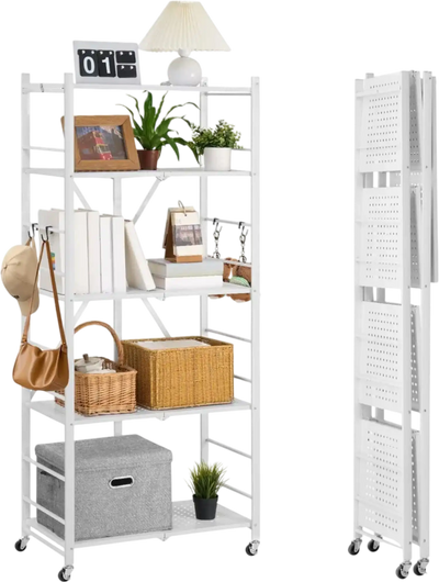 VEVOR 5-Tier Foldable Storage Shelf, 28 W x 15D x 64H Inch Folding Metal Rack Shelving Unit, No Assembly Organizer Shelf with 5 Wheels & 4 Hooks for Pantry, Kitchen, Garage, Basement, White