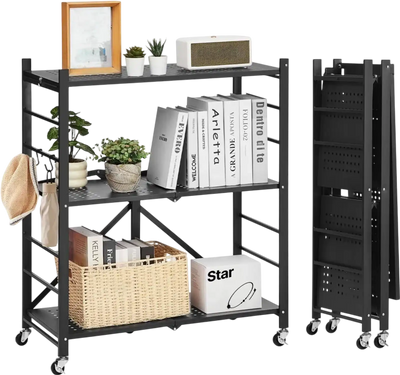VEVOR 3-Tier Foldable Storage Shelf, 30W x 13D x 36H Inch Folding Metal Rack Shelving Unit, No Assembly Organizer Shelf with 5 Wheels & 4 Hooks for Pantry, Kitchen, Garage, Basement, Black