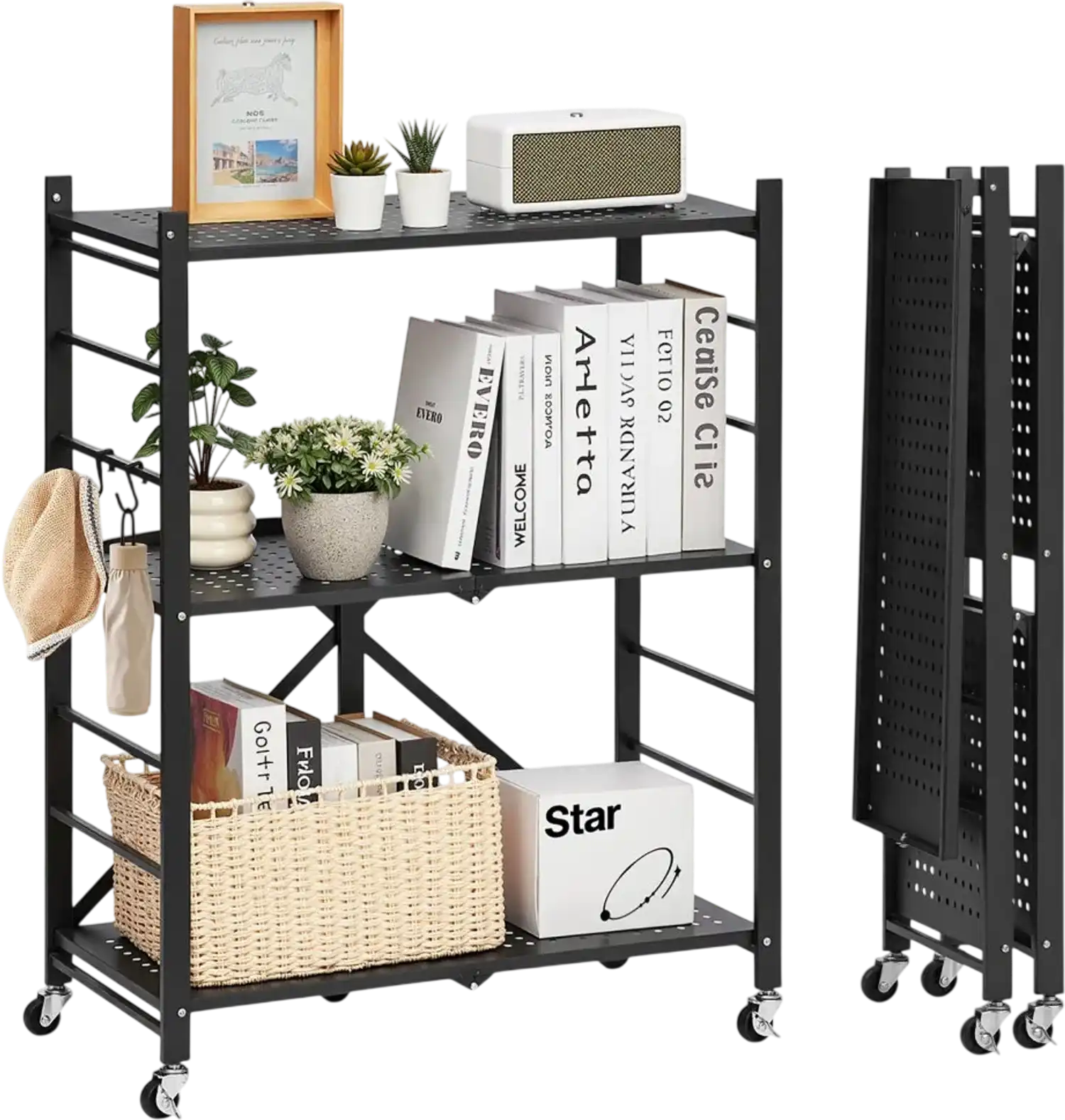 Vevor Storage Shelf 3-Tier Foldable Metal Shelving Unit with Wheels 28
