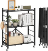 VEVOR 3-Tier Foldable Storage Shelf, 28W x 13D x 36H Inch Folding Metal Rack Shelving Unit, No Assembly Organizer Shelf with 5 Wheels & 4 Hooks for Pantry, Kitchen, Garage, Basement, Black