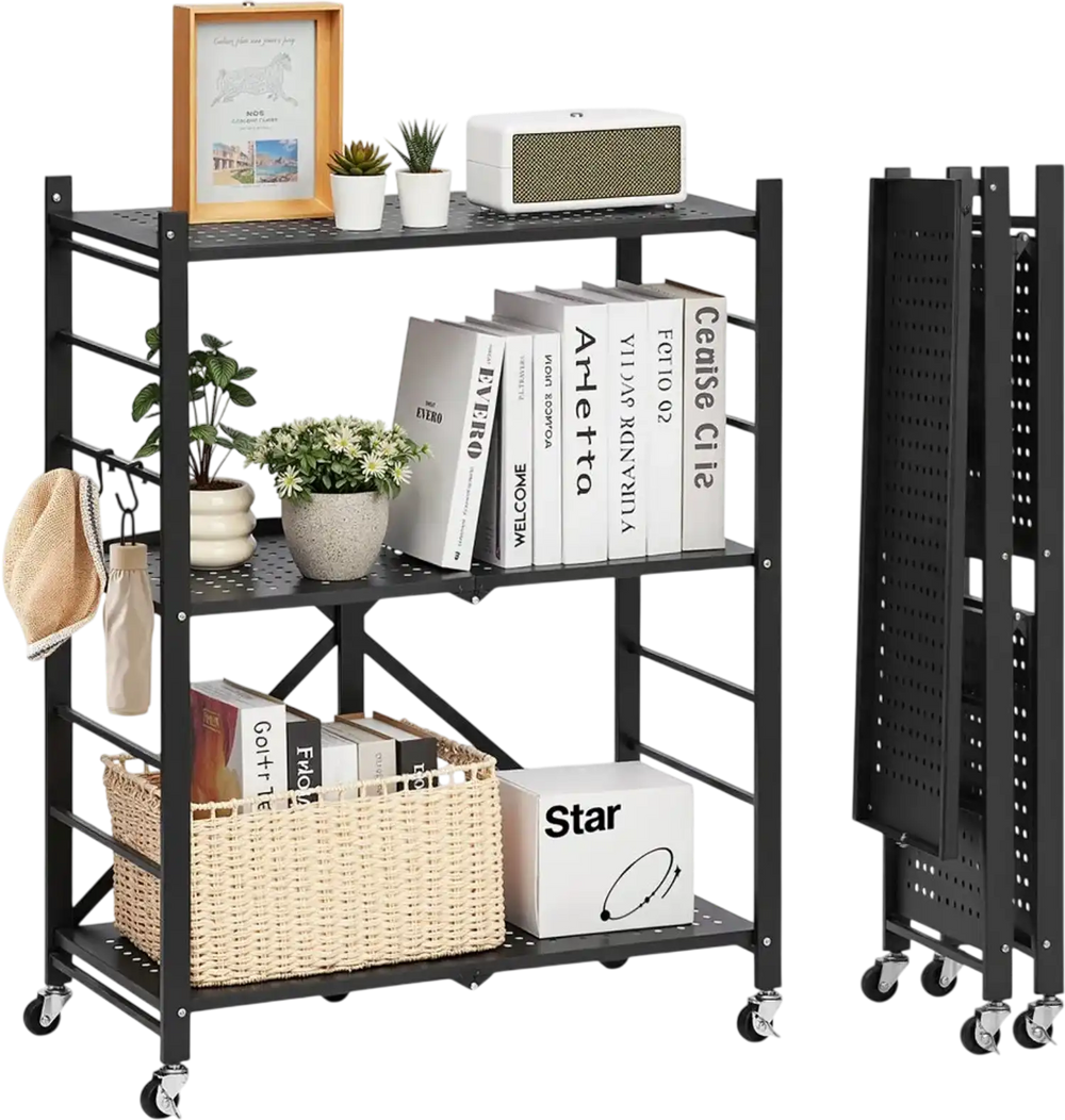 VEVOR 3-Tier Foldable Storage Shelf, 28W x 13D x 36H Inch Folding Metal Rack Shelving Unit, No Assembly Organizer Shelf with 5 Wheels & 4 Hooks for Pantry, Kitchen, Garage, Basement, Black