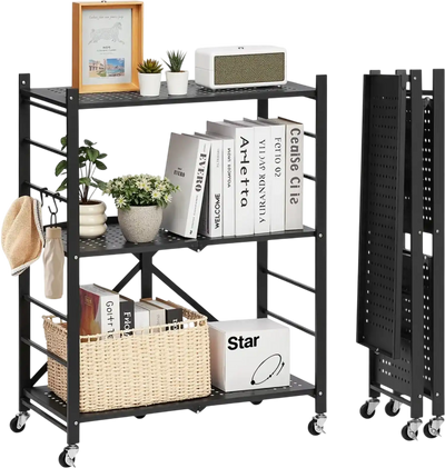 Vevor Storage Shelf 3-Tier Foldable Metal Shelving Unit with Wheels 28