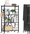 VEVOR 4-Tier Foldable Storage Shelf, 26W x 13D x 46H Inch Folding Metal Rack Shelving Unit, No Assembly Organizer Shelf with 5 Wheels & 4 Hooks for Pantry, Kitchen, Garage, Basement, Black