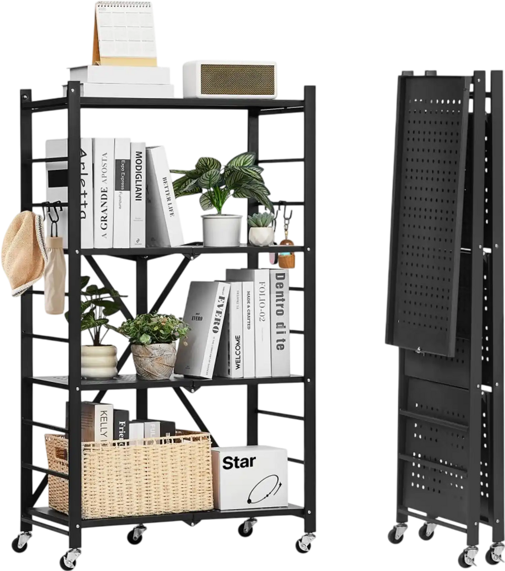 VEVOR 4-Tier Foldable Storage Shelf, 26W x 13D x 46H Inch Folding Metal Rack Shelving Unit, No Assembly Organizer Shelf with 5 Wheels & 4 Hooks for Pantry, Kitchen, Garage, Basement, Black