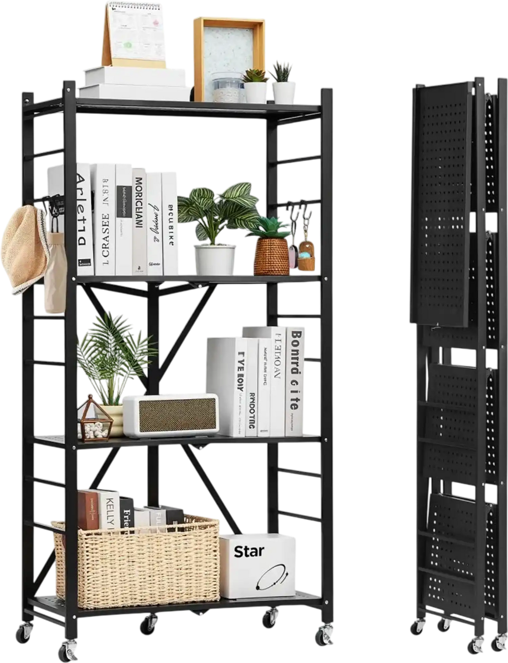 VEVOR 4-Tier Foldable Storage Shelf, 28W x 13D x 54H Inch Folding Metal Rack Shelving Unit, No Assembly Organizer Shelf with 5 Wheels & 4 Hooks for Pantry, Kitchen, Garage, Basement, Black
