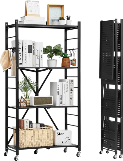VEVOR 4-Tier Foldable Storage Shelf, 28W x 13D x 54H Inch Folding Metal Rack Shelving Unit, No Assembly Organizer Shelf with 5 Wheels & 4 Hooks for Pantry, Kitchen, Garage, Basement, Black