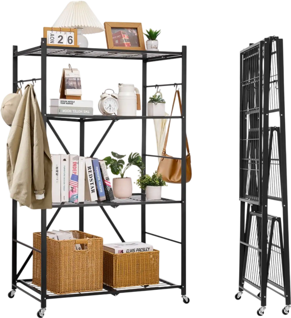 VEVOR 4-Tier Foldable Storage Shelf, 36W x 21D x 60H Inch Folding Metal Rack Shelving Unit, No Assembly Organizer Shelf with 5 Wheels & 4 Hooks for Pantry, Kitchen, Garage, Basement, Black
