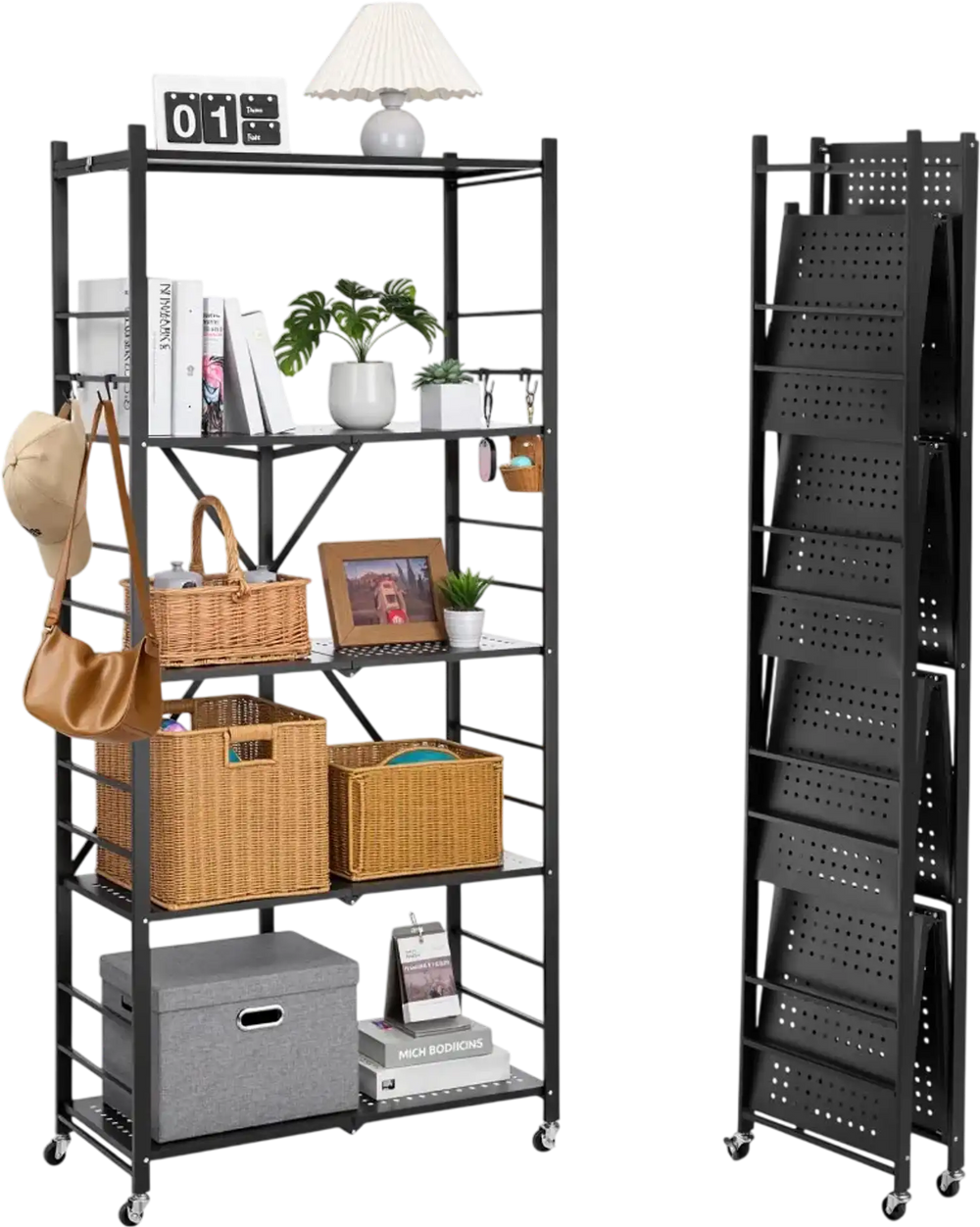 VEVOR 5-Tier Foldable Storage Shelf, 32W x 14D x 72H Inch Folding Metal Rack Shelving Unit, No Assembly Organizer Shelf with 5 Wheels & 4 Hooks for Pantry, Kitchen, Garage, Basement, Black