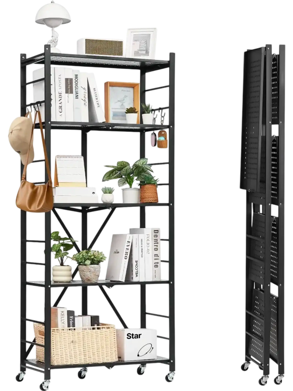 VEVOR 5-Tier Foldable Storage Shelf, 28W x 13D x 66H Inch Folding Metal Rack Shelving Unit, No Assembly Organizer Shelf with 5 Wheels & 4 Hooks for Pantry, Kitchen, Garage, Basement, Black