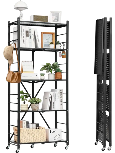 VEVOR 5-Tier Foldable Storage Shelf, 28W x 13D x 66H Inch Folding Metal Rack Shelving Unit, No Assembly Organizer Shelf with 5 Wheels & 4 Hooks for Pantry, Kitchen, Garage, Basement, Black