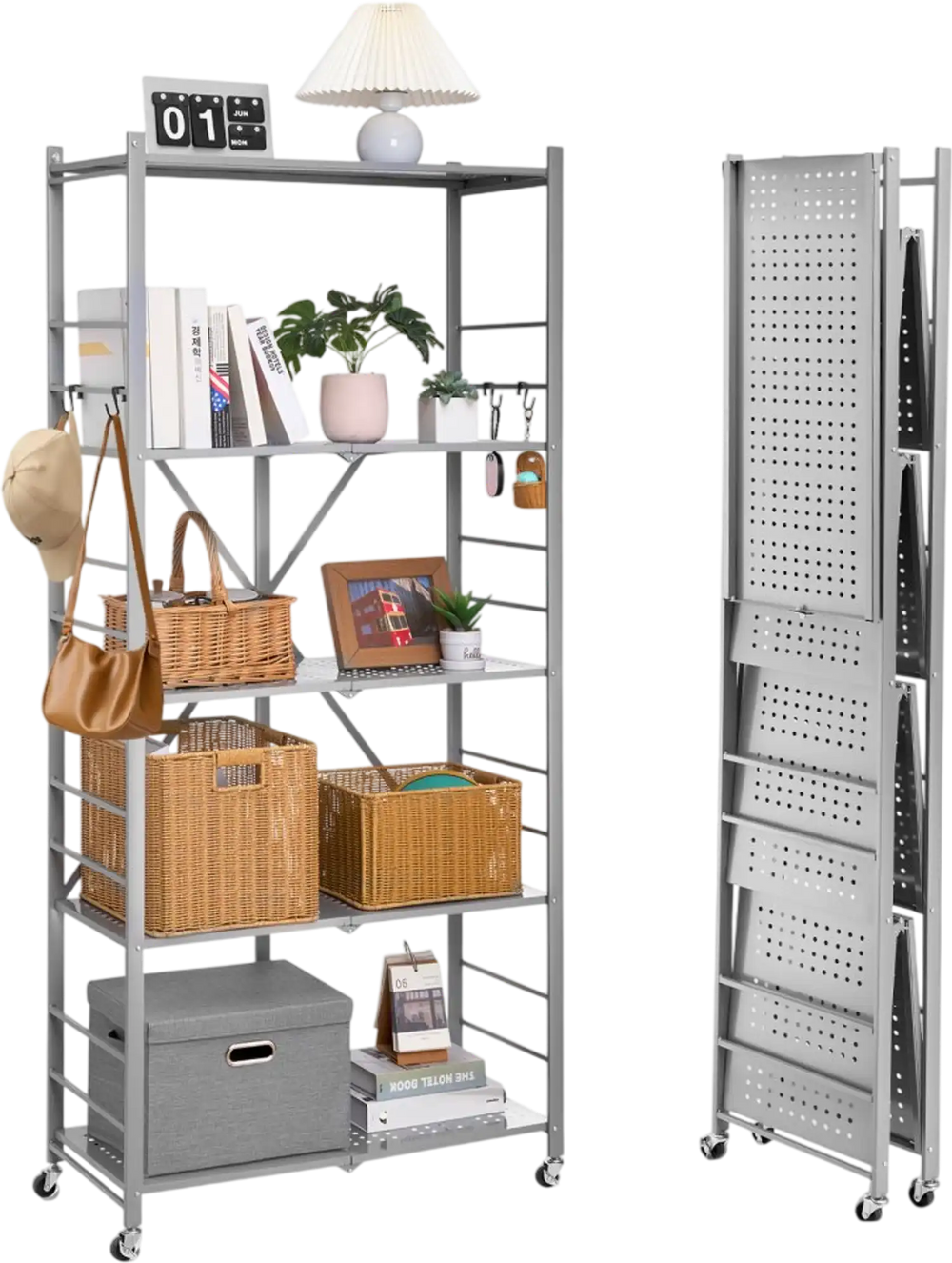 VEVOR 5-Tier Foldable Storage Shelf, 32W x 14D x 72H Inch Folding Metal Rack Shelving Unit, No Assembly Organizer Shelf with 5 Wheels & 4 Hooks for Pantry, Kitchen, Garage, Basement, Grey