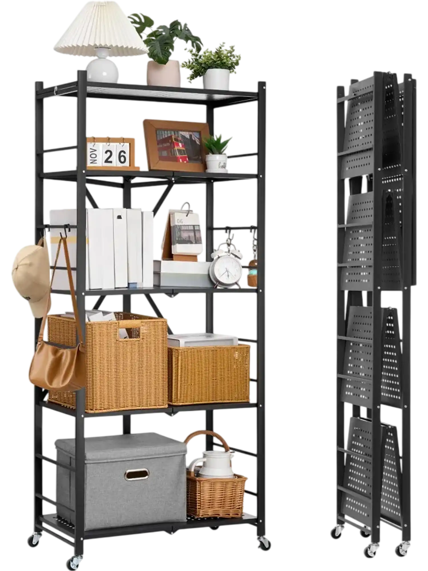 Vevor Storage Shelf 5-Tier Foldable Metal Shelving Unit with Wheels Black New