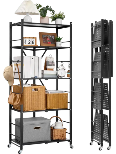 VEVOR 5-Tier Foldable Storage Shelf, 28W x 15D x 64H Inch Folding Metal Rack Shelving Unit, No Assembly Organizer Shelf with 5 Wheels & 4 Hooks for Pantry, Kitchen, Garage, Basement, Black