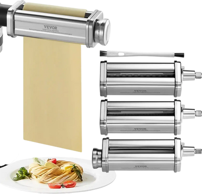 VEVOR Pasta Attachment for KitchenAid Stand Mixer, Stainless Steel Pasta Roller Cutter Set Including Pasta Sheet Roller, Spaghetti and Fettuccine Cutter, 8 Adjustable Thickness Knob Pasta Maker, 3Pcs