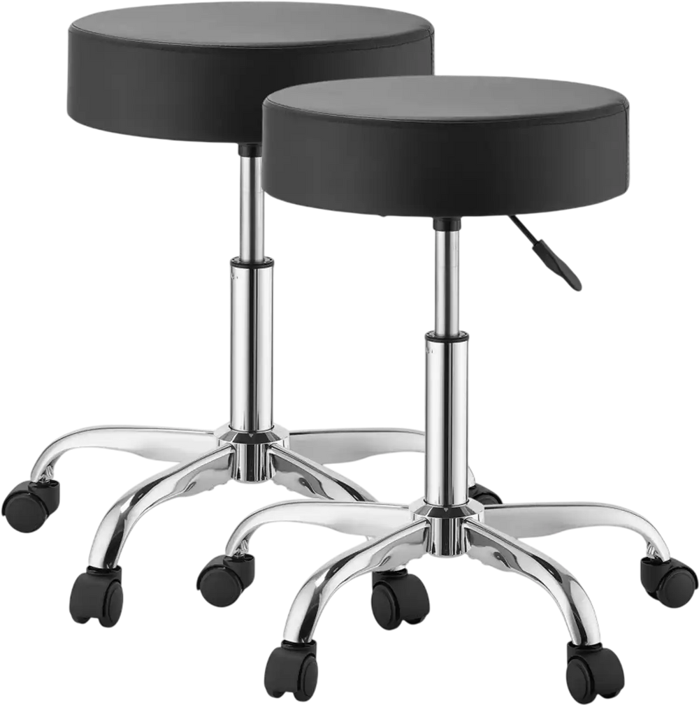VEVOR Rolling Stools with Wheels, Set of 2, 500 lbs Weight Capacity, Height Adjustable, Thick Cushion Ergonomic PU Leather Seat, 360° Swivel Round Rolling Stool Chair for Salon, Spa, Clinic, Black
