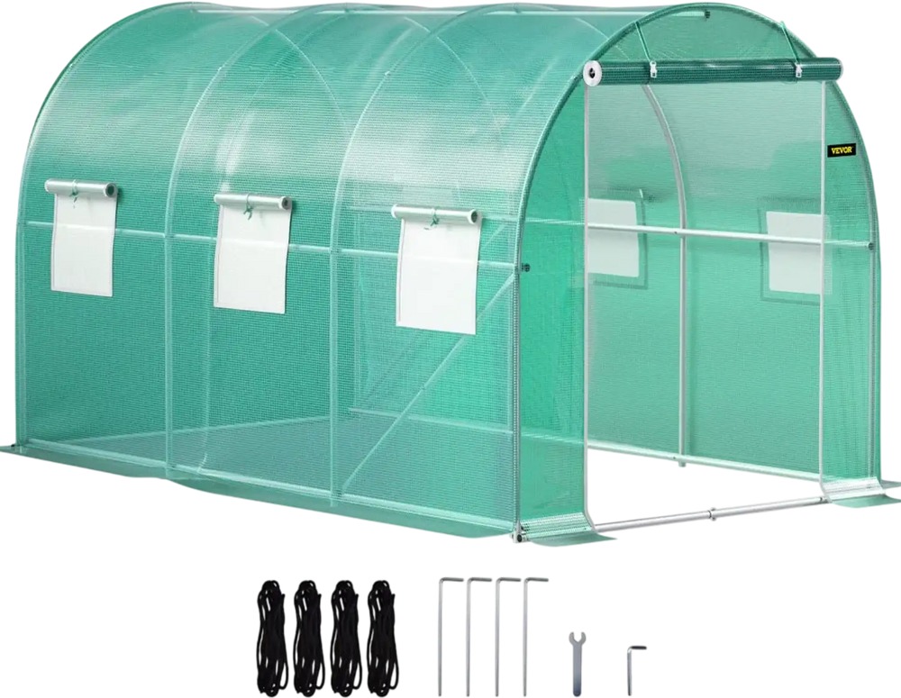 VEVOR 12 x 7 x 7 ft Walk-in Tunnel Greenhouse, Portable Plant Hot House with Galvanized Steel Hoops, 1 Top Beams, 2 Diagonal Poles, 1 Zippered Door & 6 Roll-up Windows, Green