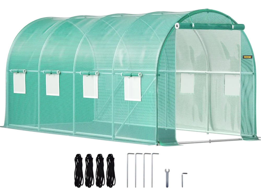 VEVOR Walk-in Tunnel Greenhouse, 15 x 7 x 7 ft Portable Plant Hot House with Galvanized Steel Hoops, 1 Top Beam, Diagonal Poles, Zippered Door & 8 Roll-up Windows, Green
